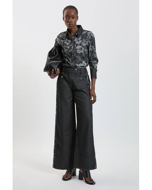 Karen Millen Black Jacquard Denim Contrast Collar And Cuff Shirt