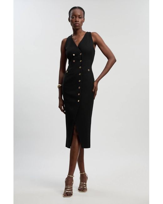 Karen Millen Black Textured Compact Stretch V Neck Button Detail Midi Dress