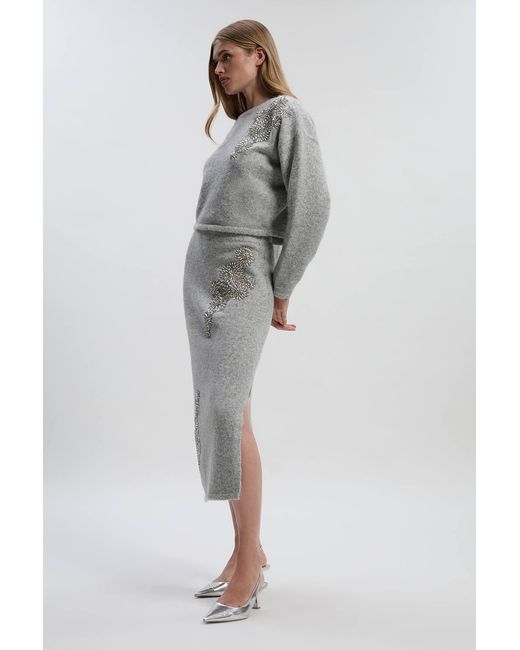 Karen Millen Gray Wool Blend Embellished Cosy Pencil Midi Skirt