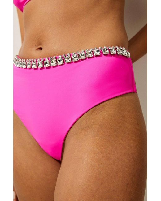 Karen Millen Pink Premium Embellished High Waist Bikini Bottoms