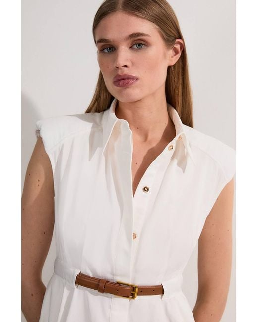Karen Millen Natural Tailored Cotton Belted Collared Full Midi Dress