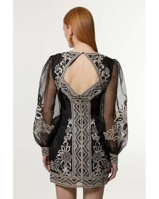 Karen Millen Black Petite Embroidered Organdie Balloon Woven Mini Dress
