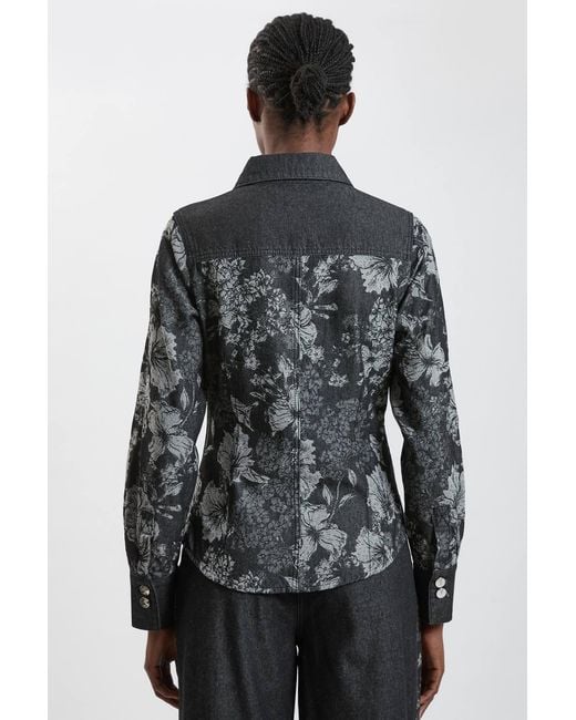 Karen Millen Black Jacquard Denim Contrast Collar And Cuff Shirt