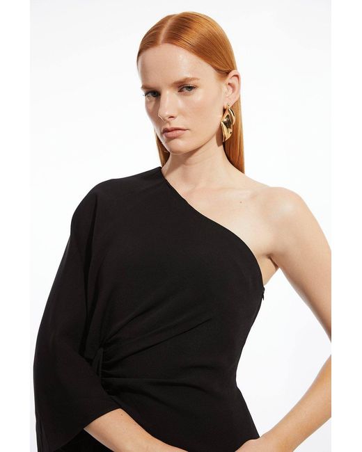 Karen Millen Black Compact Stretch Viscose Drape Sleeve One Shoulder Tailored Maxi Dress