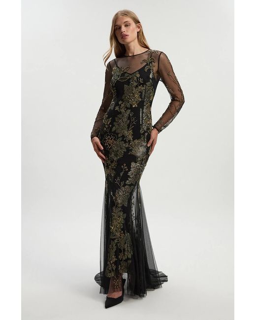 Karen Millen Black Petite Floral Applique Embellished Metallic Georgette Woven Maxi Dress