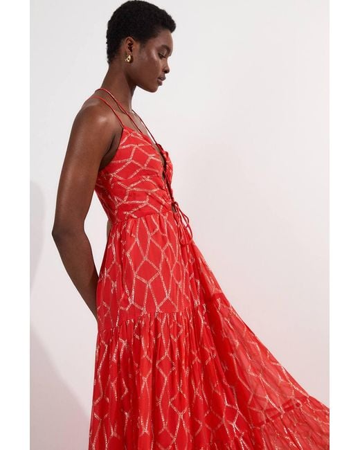 Karen Millen Petite Viscose Sparkle Tie Detail Tiered Skirt Woven Maxi Dress