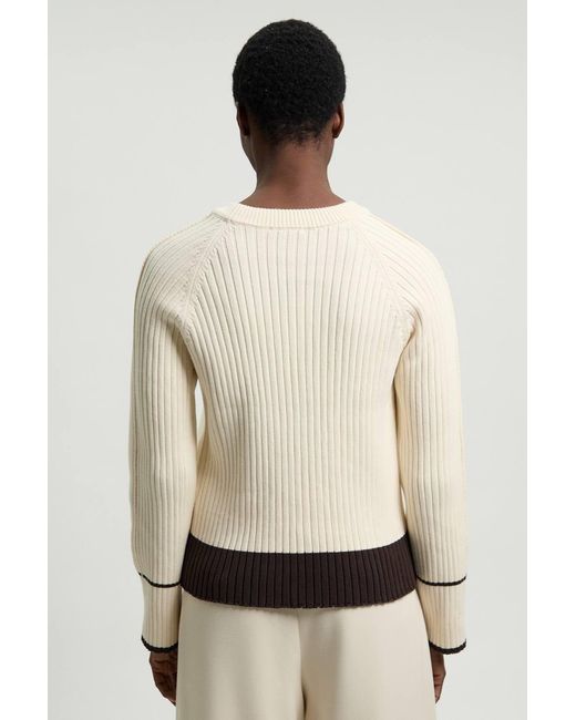 Karen Millen Natural Knit Cotton Contrast Tipped Crew Neck Jumper