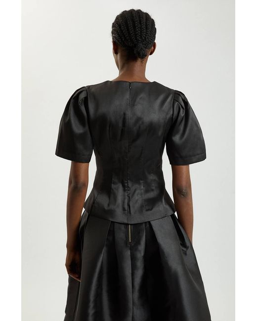 Karen Millen Black Satin Twill Puff Sleeve Top