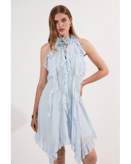 Karen Millen Blue Viscose Georgette Ruffle Halter Neck Woven Top Mini Dress