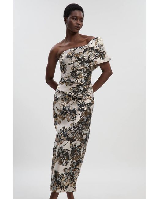 Karen Millen Multicolor Floral Jacquard Asymmetric Neck Pencil Dress