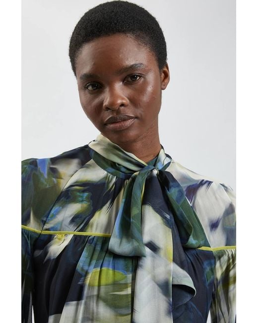 Karen Millen Blue Viscose Floral Print Woven Tie Neck Blouse