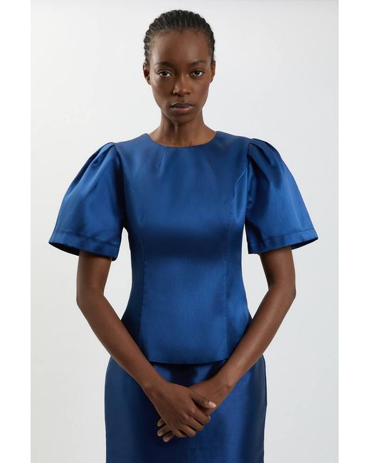 Karen Millen Blue Satin Twill Puff Sleeve Top