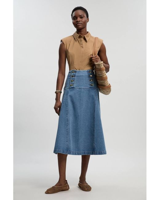 Karen Millen Blue Denim Button Front Skirt