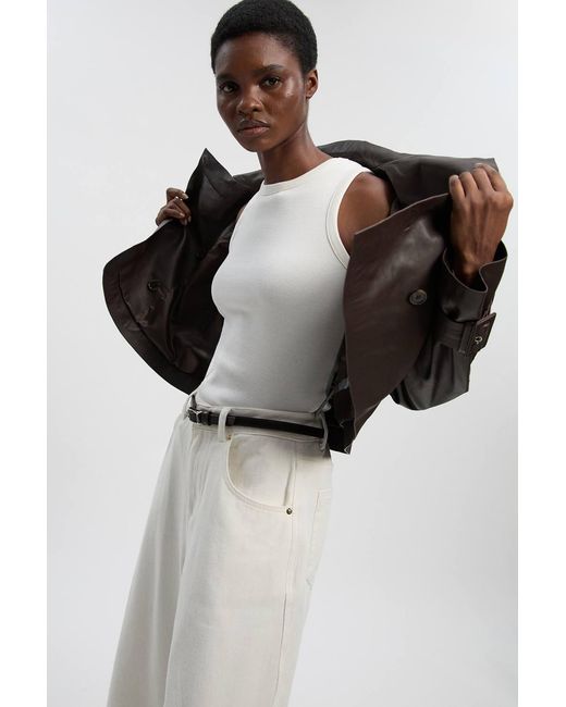 Karen Millen Black Petite Leather High Neck Crop Trench Coat