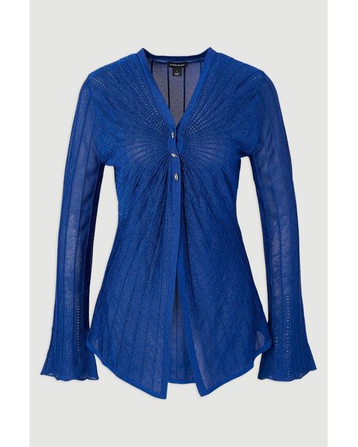 Karen Millen Blue Sparkle Metallic Knitted Fitted Cardigan Sweater