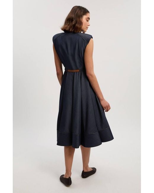 Karen Millen Blue Denim Tailored Belted Collared Full Midi Dress
