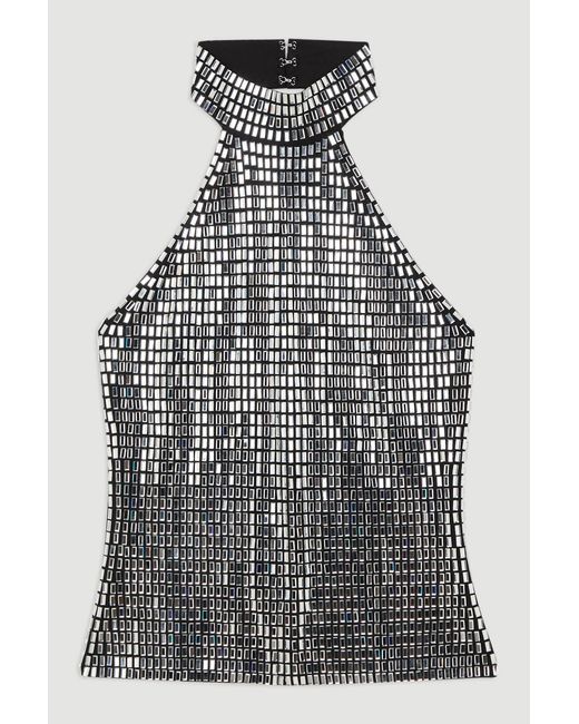 Karen Millen Brown Premium Crystal Embellished Jersey Halter Top