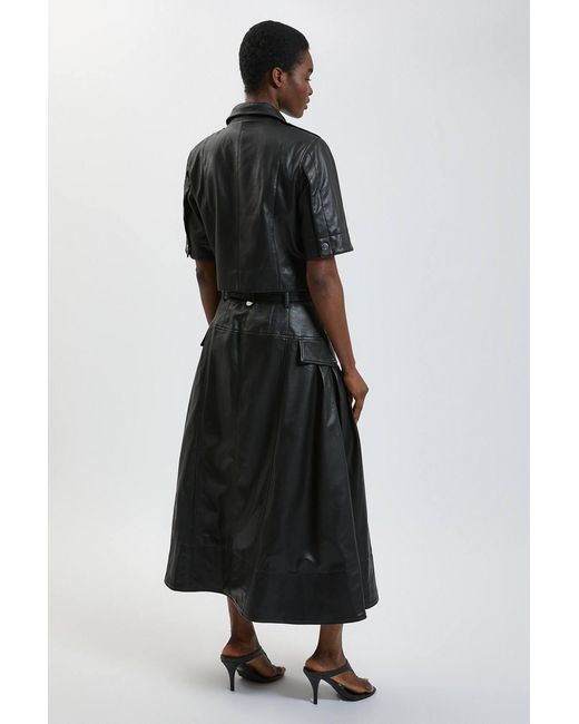 Karen Millen Black Faux Leather Pleated Full Skirt