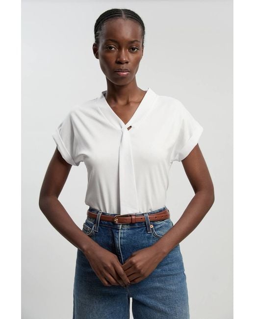 Karen Millen White Jersey V Neck Tie Detail T