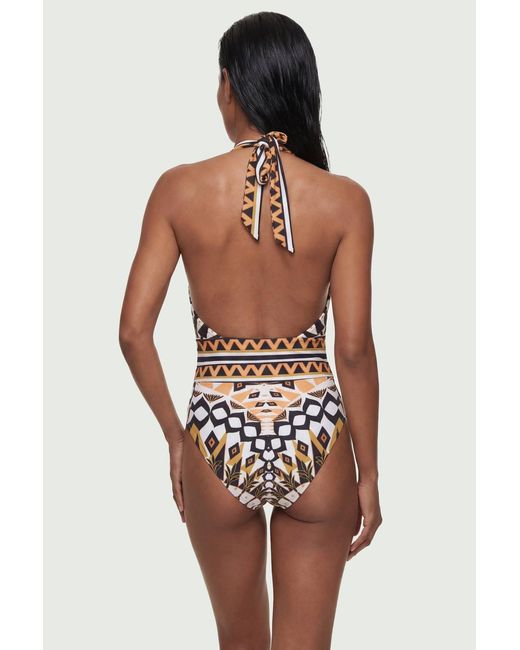 Karen Millen White Tile Print Plunge Swimsuit