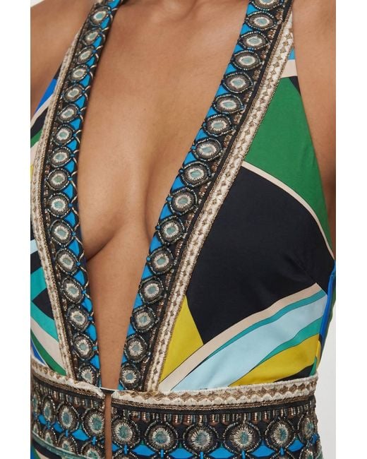 Karen Millen Blue Placement Print Swimsuit