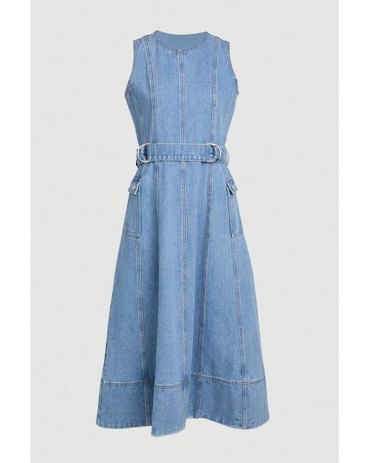 Karen Millen Blue Denim Dropped Waist Full Skirted Midi Dress