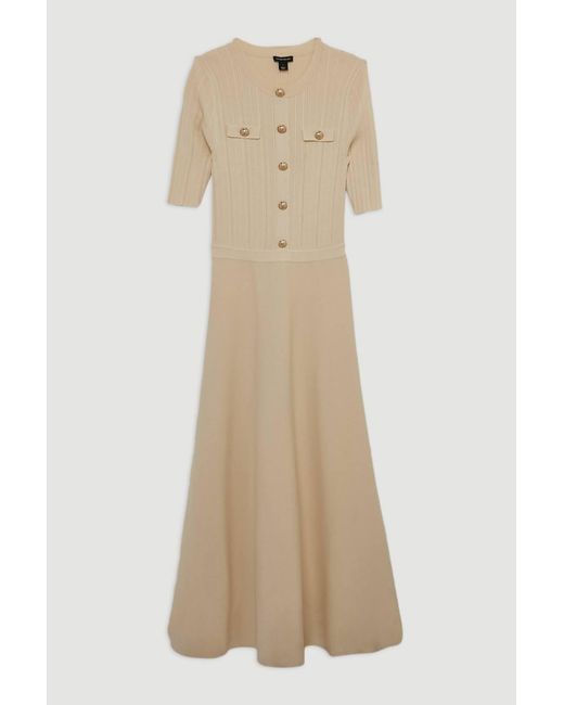 Karen Millen White Forever Rib Knit Military Trim Maxi Dress