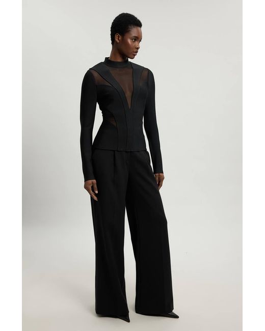 Karen Millen Black Figure Form Bandage Mesh Detail Knit Top