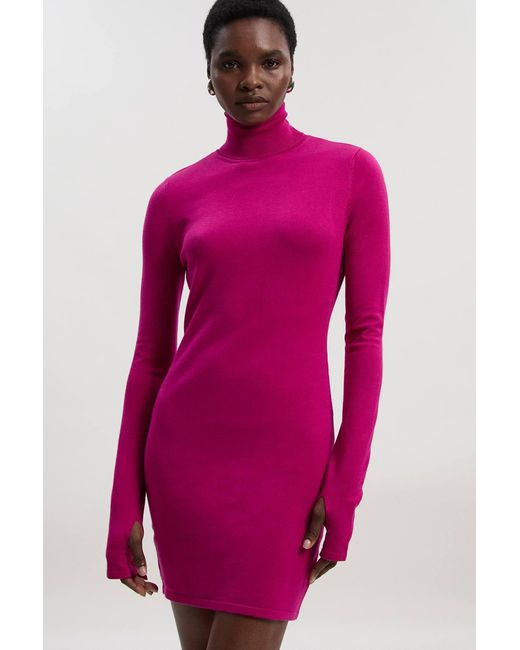 Karen Millen Pink Viscose Blend Roll Neck Thumbhole Cuff Knit Mini Dress