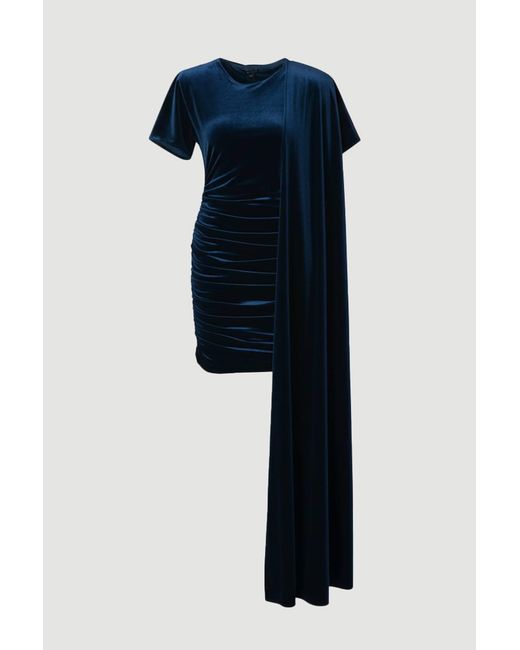 Karen Millen Blue Stretch Velvet Jersey Cape Shoulder Mini Dress