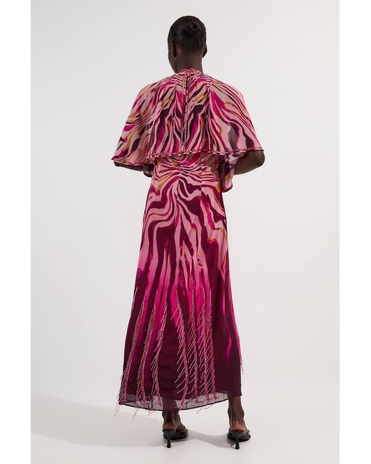 Karen Millen Red Tall Animal Print Georgette Embellished Short Sleeve Woven Maxi Dress