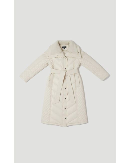 Karen Millen Natural Padded Faux Leather & Faux Fur Mix Midi Coat