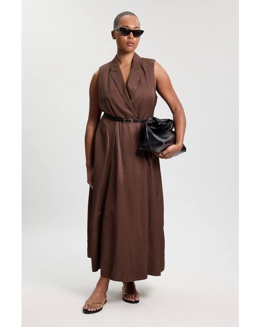 Karen Millen Brown Plus Size Premium Viscose Linen Tailored Belted Full Skirted Midi Dress