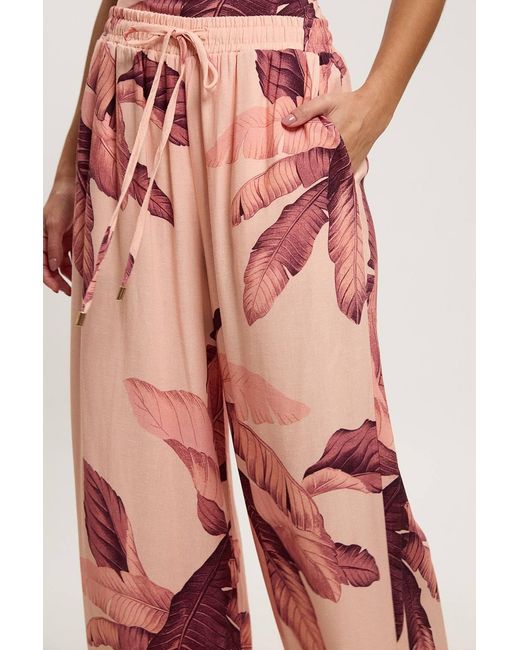 Karen Millen Pink Petite Viscose Linen Palm Print Trouser