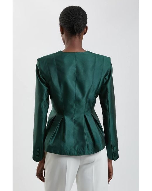 Karen Millen Green Structured Satin Peplum Tailored Blazer