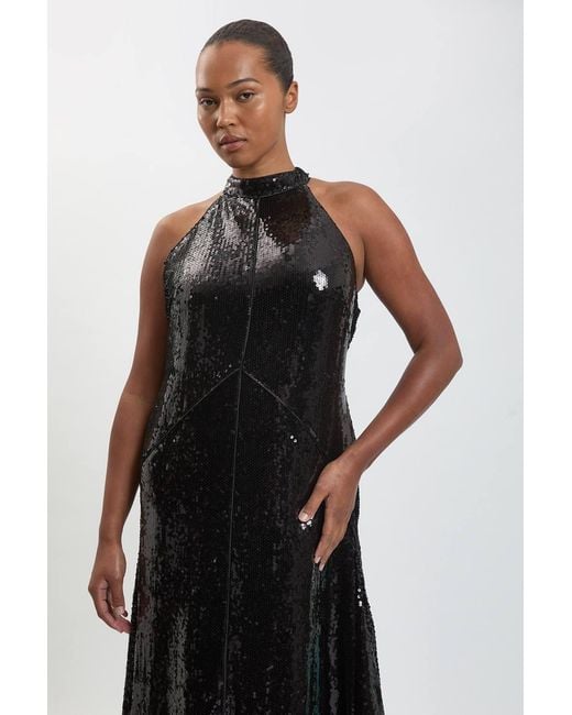 Karen Millen Black Plus Size Sequin Halter Neck Hanky Hem Maxi Dress
