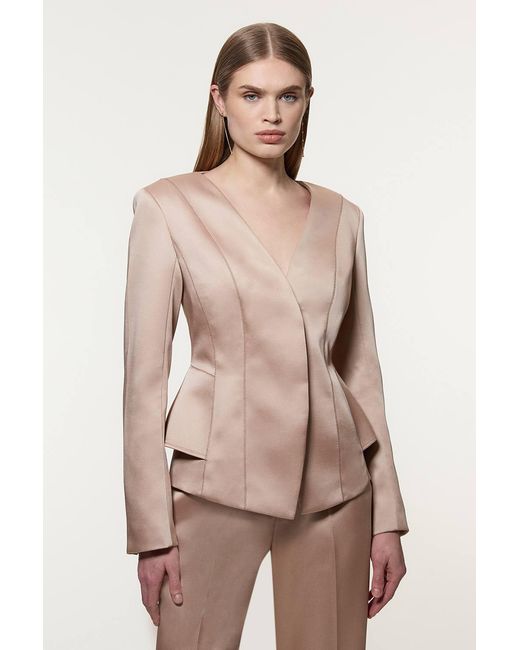 Karen Millen Natural Structured Viscose Satin Stitch Detail Tailored Peplum Blazer