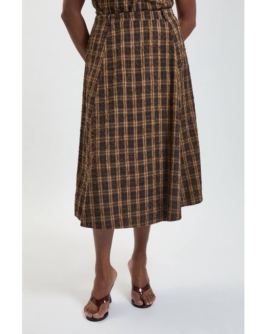 Karen Millen Brown Plus Size Beaded Check Print Midi Skirt