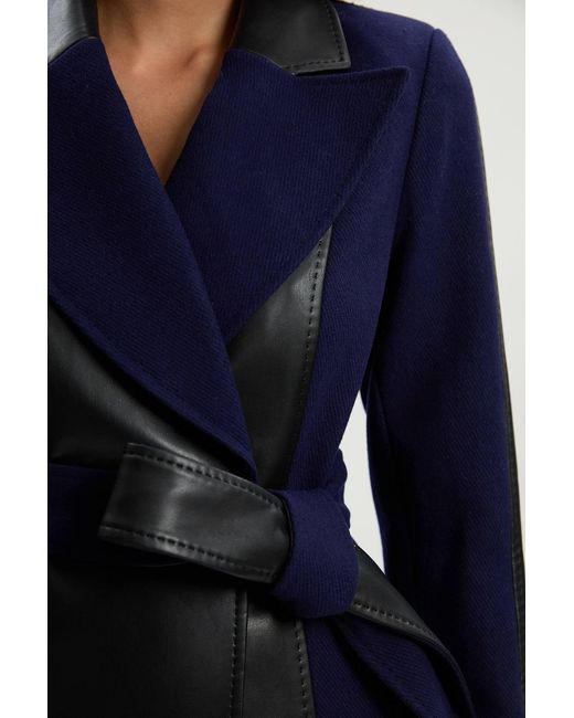Karen Millen Blue Wool Pu Mix Belted Midi Coat