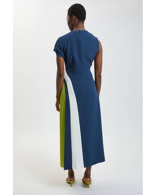 Karen Millen Blue Petite Soft Tailored Colour Block High Neck Pleated Midi Dress