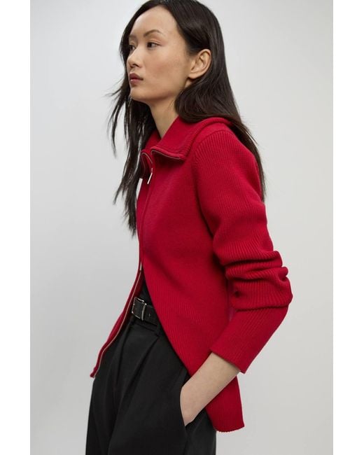Karen Millen Red Cotton Zip Through Collar Knit Cardigan Sweater