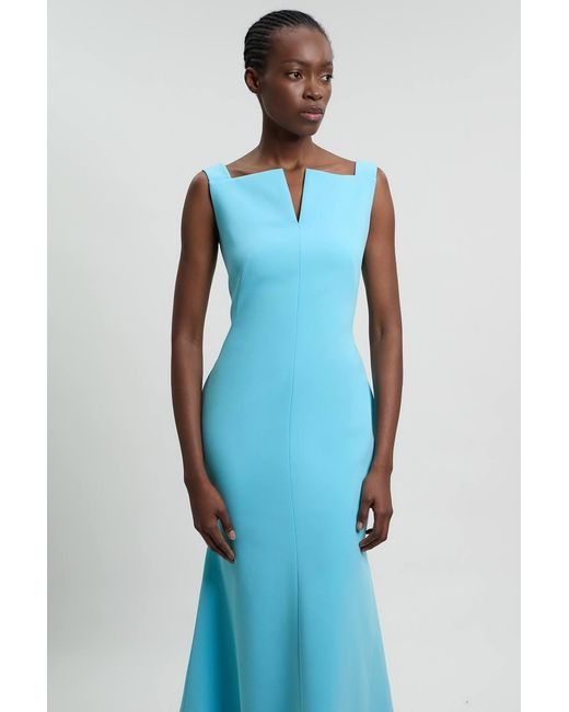 Karen Millen Blue Compact Stretch High Neck Clean Pencil Midi Dress