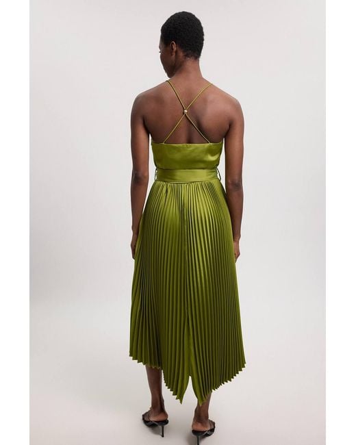 Karen Millen Green Satin Pleated Woven Midi Dress