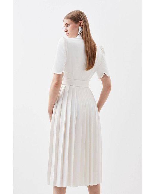 Karen Millen White Forever Tailored Structured Crepe Forever Pleat Belted Midi Dress
