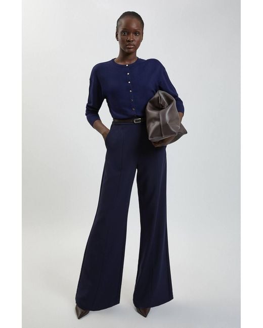 Karen Millen Blue Forever Viscose Blend Knitted Stitch Detail Balloon Sleeve Cardigan Sweater