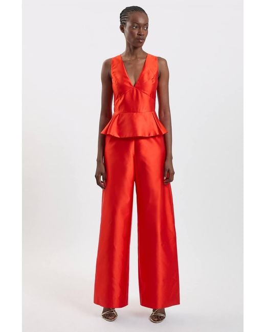 Karen Millen Red Satin Twill Peplum Wide Leg Jumpsuit