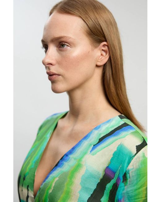 Karen Millen Green Animal Silk Cotton Plunge Maxi Dress
