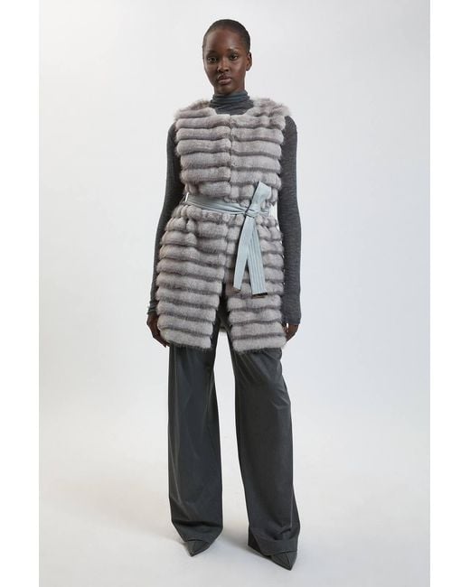 Karen Millen Gray Tipped Faux Fur Panelled Belted Gilet