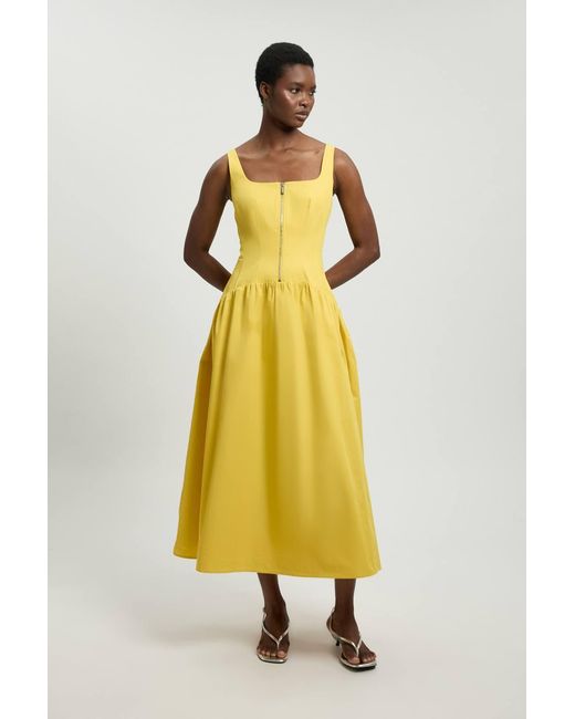 Karen Millen Yellow Tailored Cotton Sateen Full Midi Dress