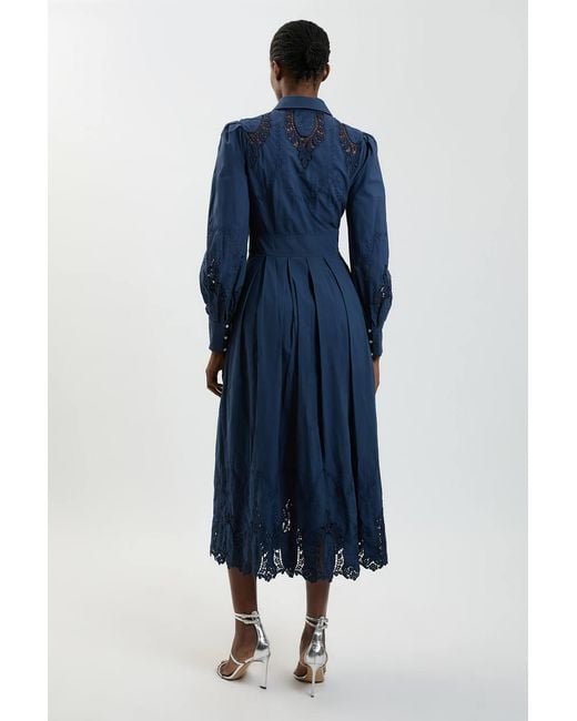 Karen Millen Blue Cotton Cutwork Balloon Sleeve Woven Midi Dress